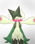 2026 4:5 absurd_res additionalespeon333 anthro anthrofied artist_name big_breasts biped blurred_foreground breast_curtains breasts cape clothing colored digital_drawing_(artwork) digital_media_(artwork) eyebrows eyelashes eyes_closed featureless_crotch felid feline female fur generation_9_pokemon green_body green_fur green_hair green_mask hair happy hi_res mammal mask meowscarada navel nintendo offering_hug open_mouth open_smile pokemon pokemon_(species) pokemorph portrait shaded simple_background smile solo spread_arms standing text vignette white_background