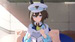  1girl 1other animal_ears ascot blue_eyes blurry blush bokeh brown_hair cheval_grand_(grand_itineraire)_(umamusume) cheval_grand_(umamusume) clenched_hands closed_mouth commentary_request depth_of_field ear_covers gloves hair_between_eyes hat hat_belt highres horse_ears horse_girl looking_at_viewer multicolored_hair peaked_cap pov pov_hands sagen shirt short_hair short_hair_with_long_locks sidelocks single_glove smile streaked_hair umamusume white_gloves white_hat white_shirt white_streaks yellow_ascot 