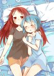  bed blue_hair highres keiya long_hair lying mahou_shoujo_madoka_magica miki_sayaka multiple_girls ponytail red_hair sakura_kyouko short_hair yuri 