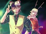  88_(488) animal_ears antlers barnaby_brooks_jr bear_ears belt blonde_hair brown_eyes brown_hair cabbie_hat extra_ears facial_hair glasses green_eyes hat jacket jewelry kaburagi_t_kotetsu kemonomimi_mode male_focus multiple_boys necklace necktie one_eye_closed red_jacket stubble sweat tiger_&amp;_bunny vest waistcoat 