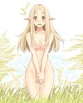  1girl blonde_hair blush breasts brown_eyes collarbone covering covering_crotch elf embarrassed face hair_censor hair_over_breasts hands hips long_hair medium_breasts nude oitsuki_(getsumen_diver) original pointy_ears solo surprised wavy_mouth wide_hips 