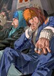  2boys absurdres bandage_in_mouth bandaged_hand bandages bandaid bandaid_on_cheek bandaid_on_face bleach blood blood_on_hands blue_hair bracelet chain_print chamsut0905 clenched_teeth commentary_request earmuffs grimmjow_jaegerjaquez hair_between_eyes highres hood hood_up hooded_jumpsuit hoodie jacket jewelry jumpsuit korean_commentary kurosaki_ichigo looking_at_viewer male_focus multiple_boys necklace nosebleed orange_hair rain ring teeth wet wiping_blood 
