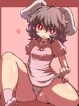  animal_ears black_hair bunny_ears carrot carrot_necklace curly_hair hakika heart inaba_tewi jewelry naughty_face necklace panties panty_lift pendant red_eyes short_hair simple_background sitting smile solo thick_thighs thighs touhou underwear 