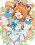  1girl :d absurdres animal_ears blue_bow blue_bowtie blue_hat blue_sailor_collar blush_stickers bow bowtie choker claw_pose commentary_request commission dot_nose feet_out_of_frame floral_background flower green_eyes grey_shirt grey_skirt hair_intakes hands_up hat highres indie_virtual_youtuber long_hair long_sleeves looking_at_viewer nanka_kanna open_mouth orange_choker orange_flower orange_hair polka_dot polka_dot_background sailor_collar shirt skeb_commission skirt smile solo standing sukoyaka_(100hituzi) thighhighs two_side_up virtual_youtuber white_thighhighs zettai_ryouiki 