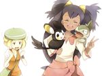  ^_^ axew bel_(pokemon) beret black_hair blonde_hair closed_eyes emolga gen_5_pokemon green_eyes hat iris_(pokemon) long_hair maruki_(punchiki) multiple_girls open_mouth pokemon pokemon_(anime) pokemon_(creature) pokemon_bw_(anime) short_hair two_side_up v 