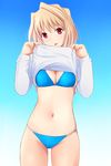  arcueid_brunestud bikini blonde_hair breasts cleavage katatsuka_kouji md5_mismatch medium_breasts navel red_eyes shiny shiny_skin shirt_lift short_hair skindentation solo string_bikini sweater swimsuit thigh_gap tongue tsukihime 