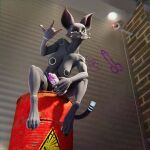 1:1 3d_(artwork) 808_(vlad-lox) anthro attractiveness barrel big_breasts breasts camera can container digital_media_(artwork) domestic_cat felid feline felis female gate genitals graffiti hi_res iuseblender3d looking_at_viewer machine mammal nipples nude pose security security_camera solo speaker spray_can vulva wall_(structure)