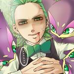  bad_id bad_pixiv_id blood bow bowtie dent_(pokemon) gen_5_pokemon green_eyes green_hair male_focus pokemon pokemon_(anime) pokemon_(creature) pokemon_bw_(anime) purrloin sweat tamaichi_(5931shiki) 