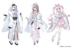  3girls alice_(nikke) black_gloves breasts brown_hair cleavage closed_mouth commentary_request full_body gloves goddess_of_victory:_nikke highres japanese_clothes kimono long_hair long_sleeves looking_at_viewer medium_hair motto_(night_wear) multiple_girls okobo open_mouth pink_gloves pink_hair platform_sandals sandals scarlet_(nikke) short_hair simple_background snow_white_(nikke) socks stomach tabi twintails very_long_hair white_background white_hair white_kimono white_socks wide_sleeves 