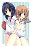  bad_id bad_pixiv_id basketball black_hair braid brown_eyes brown_hair buruma furutani_himawari gym_uniform hair_intakes hairband highres kannagi_miko multiple_girls oomuro_sakurako short_hair twin_braids twintails yuru_yuri 