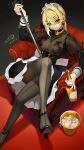  1girl absurdres black_dress blonde_hair breasts chair chinese_commentary commentary_request dress earrings fiodo girls'_frontline girls'_frontline_2:_exilium green_eyes highres holding holding_sword holding_weapon ice jewelry on_chair pantyhose pink_nails sextans_(girls'_frontline_2) sitting sword weapon 