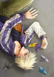  bad_id bad_pixiv_id blonde_hair ivan_karelin jacket letterman_jacket lying male_focus origami paper_crane purple_eyes purple_jacket shio_(hanoi73) solo tiger_&amp;_bunny 