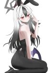  1girl absurdres animal_ears black_hair black_horns black_leotard black_pantyhose black_shoes blue_archive closed_mouth commentary demon_horns fake_animal_ears fake_tail from_side gradient_hair hair_between_eyes halo hand_up high_heels highres horns inward_v kayoko_(blue_archive) leotard long_hair looking_at_viewer mopi_(oooo5412) multicolored_hair pantyhose playboy_bunny purple_wings rabbit_ears rabbit_tail red_eyes shoes simple_background single_wing sitting solo tail two-tone_hair v white_background white_hair wings 