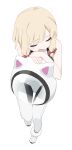  1girl absurdres animal_ear_helmet animal_helmet bare_shoulders blonde_hair blue_archive bodysuit bow cat_helmet closed_eyes commentary_request fingernails full_body fuyubone hair_bow helmet highres momoi_(armed)_(blue_archive) momoi_(blue_archive) official_alternate_costume open_mouth red_bow shoes simple_background sleeping sleeveless unworn_headwear unworn_helmet white_background white_bodysuit white_shoes 