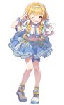  1girl ;d absurdres arm_up blonde_hair blue_skirt blush braid breasts brown_eyes brown_shoes center_frills chobi_(penguin_paradise) commentary crop_top cropped_jacket fang frilled_skirt frills fujita_kotone full_body gakuen_idolmaster hair_intakes hair_over_shoulder hair_ribbon hairband hand_on_own_hip highres idol_clothes idolmaster leaning_forward long_hair looking_at_viewer low_twintails navel official_alternate_costume one_eye_closed ribbon sekaiichi_kawaii_watashi_(idolmaster) shoes simple_background skin_fang skirt small_breasts smile sneakers socks solo standing twin_braids twintails v white_background white_ribbon wrist_cuffs yellow_eyes yellow_socks 