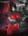 1girl arm_guards armor bamboo bamboo_forest bandages black_hair blood blood_on_clothes blood_on_face blood_splatter bodysuit breasts colored_skin covered_navel crossed_arms fingerless_gloves forest gloves grey_eyes highres holding holding_behind_back holding_sword holding_sword_behind_back holding_weapon holding_weapon_behind_back katana large_breasts lips long_hair looking_at_viewer nature ninja outdoors patreon_username pauldrons ponytail raydash30 red_bodysuit red_theme shoulder_armor skin_tight solo soulcalibur soulcalibur_vi sword taki_(soulcalibur) wading weapon weapon_on_back 