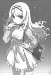  absurdres bag breasts choker cleavage collarbone dress frilled_dress frills greyscale h2so4 hair_ribbon hand_on_own_face handbag highres long_hair medium_breasts monochrome original ribbon solo sparkle standing thighhighs tongue 