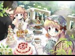  2girls black_hair blue_eyes blush bonnet bow butler cake cookie cup dress drill_hair food fruit hair_bow lolita_fashion lolita_fation long_hair looking_back multiple_girls open_mouth original red_hair short_hair smile suama tea twin_drills 