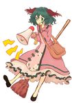  animal_ears bag blush broom dress green_eyes green_hair jean_(jean_sp) kasodani_kyouko megaphone open_mouth satchel solo touhou 