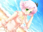  adjusting_hair beach cafe_sourire dutch_angle frills game_cg green_eyes jewelry mizushima_kasumi natsume_eri necklace ocean pink_hair short_hair solo 