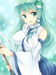  aqua_eyes aqua_hair bare_shoulders blush breasts detached_sleeves frog gohei hair_ornament hair_tubes impossible_clothes impossible_shirt kochiya_sanae large_breasts long_hair maruki_(punchiki) open_mouth shide shirt skirt smile snake solo touhou 