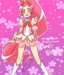  bad_id bad_pixiv_id boots bow character_name choker copyright_name cure_blossom floral_background hanasaki_tsubomi heartcatch_precure! knee_boots long_hair magical_girl pink pink_background pink_bow pink_choker pink_eyes pink_hair ponytail precure ribbon smile solo wrist_cuffs yawaragi 