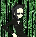  1girl animal_ears black_hair cat_ears female koshochka long_hair necktie solo standing sunglasses the_matrix 