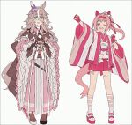  2girls :d adapted_costume animal_ears asymmetrical_footwear bandaid bandaid_on_leg black_gloves black_shoes bow commentary_request ear_bow ear_covers ear_ornament fingerless_gloves full_body gloves green_eyes grey_hair hair_between_eyes hakama hakama_skirt hakusai_(tiahszld) haru_urara_(bestest_prize)_(umamusume) haru_urara_(umamusume) hashtag-only_commentary headband highres horse_ears horse_girl horse_tail japanese_clothes kimono long_hair long_sleeves looking_at_viewer mismatched_footwear multicolored_hair multiple_girls open_mouth outstretched_arm pink_eyes pink_gloves pink_hair pink_headband pink_kimono pink_skirt pink_socks ponytail shoes simple_background single_ear_cover skirt smile socks standing steepled_fingers streaked_hair striped_clothes striped_socks tail umamusume white_background white_bow white_hakama white_kimono white_shoes white_socks white_streaks wide_sleeves wonder_acute_(butterfly_sting)_(umamusume) wonder_acute_(umamusume) zipper 