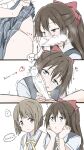  2girls ? absurdres blue_eyes blush bob_cut bow brown_hair clothes_lift english_text fellatio foreskin futa_with_female futanari grey_hair hair_bow hands_on_own_cheeks hands_on_own_face heart heart-shaped_pupils highres imagining licking licking_penis lifting_own_clothes love_live! love_live!_nijigasaki_high_school_idol_club multiple_girls nakasu_kasumi nijigasaki_school_uniform oral osaka_shizuku penis ponytail precum red_bow ribbon school_uniform shizuwonderland sidelocks skirt skirt_lift smelling smelling_penis speech_bubble symbol-shaped_pupils veins veiny_penis white_background 