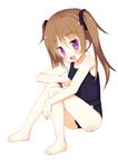  barefoot blush brown_hair fang feet full_body long_hair meito_(maze) one-piece_swimsuit original purple_eyes school_swimsuit sitting solo swimsuit twintails 