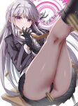  1girl :o adjusting_clothes adjusting_gloves ass black_gloves black_jacket black_panties braid bullet commentary_request danganronpa:_trigger_happy_havoc danganronpa_(series) gabanborjarnon gloves grey_hair hair_ribbon highres jacket kirigiri_kyoko long_hair necktie open_clothes open_jacket panties pink_background ribbon shiny_skin shirt skirt solo teeth underwear upper_teeth_only upskirt white_background 