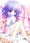  barefoot bat_wings bed_sheet blue_hair blush bottomless child dress_shirt hand_on_own_knee highres iwaki_hazuki mouth_hold naked_shirt oversized_clothes oversized_shirt pillow red_eyes remilia_scarlet shirt sitting sleeves_past_fingers sleeves_past_wrists solo touhou wings 