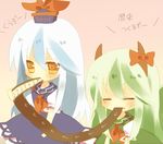  ascot bad_id bad_pixiv_id biting blue_hair closed_eyes dress dual_persona ex-keine green_hair hat horn_ribbon horns kamishirasawa_keine mouth_hold multiple_girls nochita_shin ribbon scroll touhou yellow_eyes 