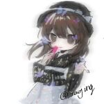  1girl black_hat black_shirt blue_butterfly blurry bow brown_eyes brown_hair bug butterfly chinese_commentary closed_mouth commentary deformed hair_between_eyes hand_fan hat hat_bow holding holding_fan japanese_clothes jsnttzzj long_sleeves medium_hair sash shirt simple_background skirt smile solo touhou twitter_username usami_renko white_background white_bow white_sash white_skirt wide_sleeves 
