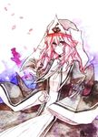  alternate_costume cherry_blossoms dress ghost hat highres ice_(aitsugai) koumajou_densetsu koumajou_densetsu_2 long_hair no_nose petals pink_eyes pink_hair saigyouji_yuyuko smile solo touhou traditional_media triangular_headpiece upper_body watercolor_(medium) 