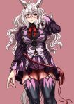  1girl absurdres ahoge animal_ears biwa_hayahide_(pf._winning_equation...)_(umamusume) biwa_hayahide_(umamusume) black_thighhighs blush bow breasts closed_mouth commentary_request ear_ornament garter_straps glasses grey_hair hair_ornament highres horse_ears horse_girl horse_tail jacket kuya_(hey36253625) large_breasts long_hair long_sleeves looking_at_viewer purple_jacket purple_skirt red-framed_eyewear red_bow semi-rimless_eyewear shirt simple_background skirt solo tail thighhighs thighs umamusume under-rim_eyewear white_hair yellow_eyes 