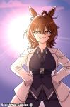  1girl :3 agnes_tachyon_(tach-nology)_(umamusume) agnes_tachyon_(umamusume) animal_ears artist_name black_necktie black_pants black_vest breasts brown_hair closed_mouth coat collared_shirt commentary cowboy_shot english_commentary hands_on_own_hips highres horse_ears horse_girl id_card lab_coat layered_shirt light_rays looking_at_viewer medium_breasts meme necktie open_clothes open_coat outdoors pants radishman red_eyes shirt short_hair sleeves_past_fingers sleeves_past_wrists solo standing sunlight superman_starman_(meme) umamusume vest white_coat 