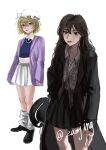  2girls absurdres black_coat black_shoes black_skirt blonde_hair blue_eyes blue_shirt brown_eyes brown_hair cardigan clothing_request coat collared_shirt contemporary contrast_collar english_commentary hat highres holding holding_unworn_clothes holding_unworn_hat jewelry jsnttzzj lips long_coat long_hair maribel_hearn medium_hair mob_cap multiple_girls navel necklace pearl_necklace purple_cardigan shirt shoes simple_background skirt sleeves_past_wrists socks standing touhou trench_coat twitter_username unworn_hat unworn_headwear usami_renko white_background white_hat white_shirt white_skirt white_socks 