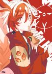  1girl black_choker braid chikahira choker closed_mouth collarbone commentary_request cup disposable_cup drinking_straw fu_hua fu_hua_(fenghuang_of_vicissitude) hair_between_eyes hashtag-only_commentary highres holding holding_cup honkai_(series) honkai_impact_3rd jacket jingwei_(bird) long_hair looking_at_viewer looking_to_the_side multicolored_hair open_clothes open_jacket outline red_background red_eyes red_hair red_jacket solo two-tone_hair very_long_hair white_hair white_outline 