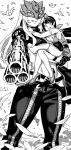  2girls aiming aiming_at_viewer beelstarmon bird breasts carrying carrying_person digimon digimon_(creature) digimon_story:_time_stranger eye_mask feathers flying giant giantess goggles goggles_on_head greyscale gun highres holding holding_gun holding_weapon huge_breasts ireading mask monochrome multiple-barrel_gun multiple_girls pants poromon scarf smile third_eye tight_clothes tight_pants underboob weapon yuuki_kanan 