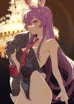  1girl absurdres alternate_costume animal_ears black_leotard blurry breasts chandelier closed_mouth commentary commentary_request depth_of_field detached_collar highleg highleg_leotard highres holding holding_unworn_clothes leotard long_hair medium_breasts necktie playboy_bunny purple_hair rabbit_ears rabbit_girl rabbit_tail red_eyes red_necktie reisen_udongein_inaba shimiya_jin smile solo sparkle strapless strapless_leotard tail touhou untranslatable_commentary very_long_hair 