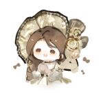  1girl bell belt belt_buckle black_belt black_choker bow brown_bow brown_dress brown_eyes brown_hair brown_hat buckle chibi chinese_commentary choker commentary_request cropped_legs dress drill_hair fengmi_youzi_hua flower frilled_choker frilled_ribbon frills gloves gold_buckle graceful_elegance_(infinity_nikki) grey_gloves hair_over_shoulder hands_on_own_chest happy hat hat_bow hat_ribbon highres infinity_nikki layered_dress light_blush long_hair looking_ahead neck_bell nikki_(series) open_mouth own_hands_together ribbon rose simple_background smile solid_oval_eyes solo square_neckline striped_bow striped_choker striped_ribbon teeth upper_teeth_only white_background white_dress white_ribbon yellow_flower yellow_rose 