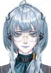  1girl absurdres aegyo_sal ahoge black_collar blue-tinted_eyewear blue_eyes blue_eyeshadow blue_hair blue_lips chinese_commentary collar commentary_request dingdaerxiaoying43604 eyelashes eyeshadow glasses hair_over_shoulder headphones highres lips low_ponytail makeup path_to_nowhere ponytail portrait round_eyewear sidelocks siglinde_(path_to_nowhere) smile solo tinted_eyewear 