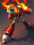  1boy arm_up armor artist_name clenched_hands dated fighting_stance fire forehead_jewel full_body helmet highres humanoid_robot kazafuki legs_apart male_focus mega_man_(classic) mega_man_(series) mega_man_11 no_mouth outstretched_arm red_armor red_helmet robot solo standing torch torch_man yellow_eyes 