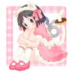  1girl ameyoshi831 animal_ears black_eyes black_hair cat_ears cat_girl cat_tail commentary_request donut dress food frilled_dress frills highres hugging_own_legs knees_up maid_headdress nichijou shinonome_nano short_hair short_sleeves smile socks solo tail tail_ornament winding_key 