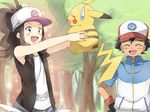  1boy 1girl ^_^ ash_ketchum black_hair blue_eyes brown_hair closed_eyes commentary_request forest hat hilda_(pokemon) maruki_(punchiki) nature open_mouth pikachu pokemon pokemon_(anime) pokemon_(creature) pokemon_bw ponytail tree 
