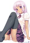  black_legwear blush copyright_request covering covering_crotch dark_skin hair_ornament hairclip highres koutaro legs long_hair looking_at_viewer non-web_source panties pink_hair pink_panties pleated_skirt purple_eyes shiny shiny_skin simple_background sitting skirt solo thighhighs underwear white_background 