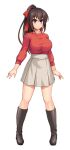  1girl arms_at_sides astrae blush boots bow breasts brown_hair casual closed_mouth full_body game_cg grey_skirt hair_between_eyes hair_bow high-waist_skirt high_ponytail ikameshi_(nega96396) knee_boots large_breasts large_variant_set legs_apart long_hair long_sleeves looking_at_viewer non-web_source official_art pleated_skirt ponytail red_bow red_eyes red_shirt red_sweater seisenki_iris self-datamine shirt skirt smile solo standing sweater tachi-e transparent_background variant_set 