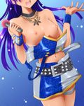  arm_strap bare_shoulders belt blue_hair choker cool_&amp;_sexy_(idolmaster) dr_rex flat_chest head_out_of_frame idolmaster idolmaster_(classic) jewelry kisaragi_chihaya long_hair microphone navel necklace nipples no_bra open_mouth skirt solo thigh_strap wardrobe_malfunction wristband 