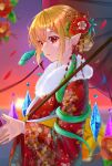  1girl alternate_costume alternate_hairstyle animal_on_shoulder blonde_hair chrysanthemum_print commentary_request crystal crystal_wings earrings evening falling_petals flandre_day flandre_scarlet floral_print flower fur-trimmed_kimono fur_trim furisode gradient_sky green_snake hair_flower hair_ornament hairstyle_request highres holding holding_umbrella japanese_clothes jewelry kimono leaf_print long_sleeves maple_leaf_print multicolored_wings one_side_up open_mouth parted_lips petals pointy_ears print_kimono purin_seijyaku2 red_eyes red_flower red_petals sky snake snake_on_shoulder solo star_(sky) starry_sky sun sunset touhou twilight umbrella umbrella_over_shoulder wide_sleeves wings 